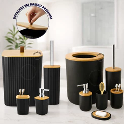 Kit Banheiro Completo Lixeira C/ Tampa Detalhes Em Bambu Luxo