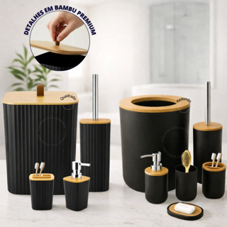 Kit Banheiro Completo Lixeira C/ Tampa Detalhes Em Bambu Luxo em Oferta na Shopee