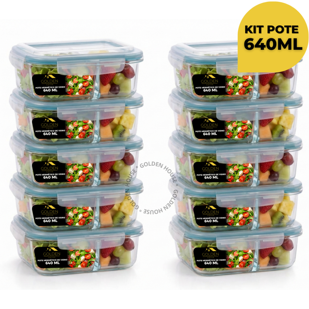 Kit 10 ou 5 Potes Herméticos 640ml Com Divisória Retangular Marmita Alimentos Fitness em Oferta na Shopee