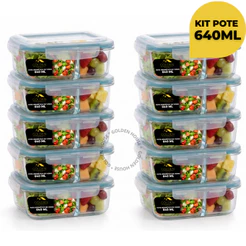 Kit 10 ou 5 Potes Herméticos 640ml Com Divisória Retangular Marmita Alimentos Fitness