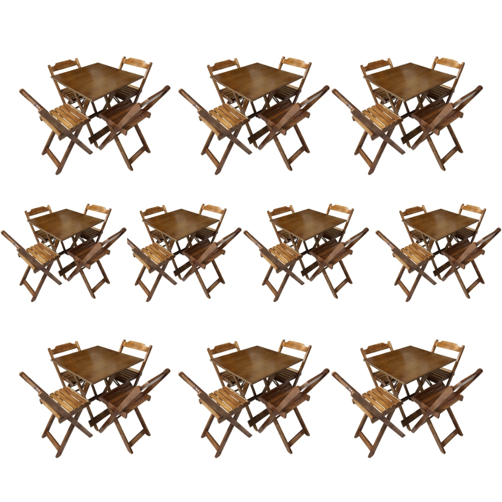 Kit 10 Conjuntos Mesa e Cadeiras Madeira Área Gourmet Dobrável 70x70 com 4 Lugares