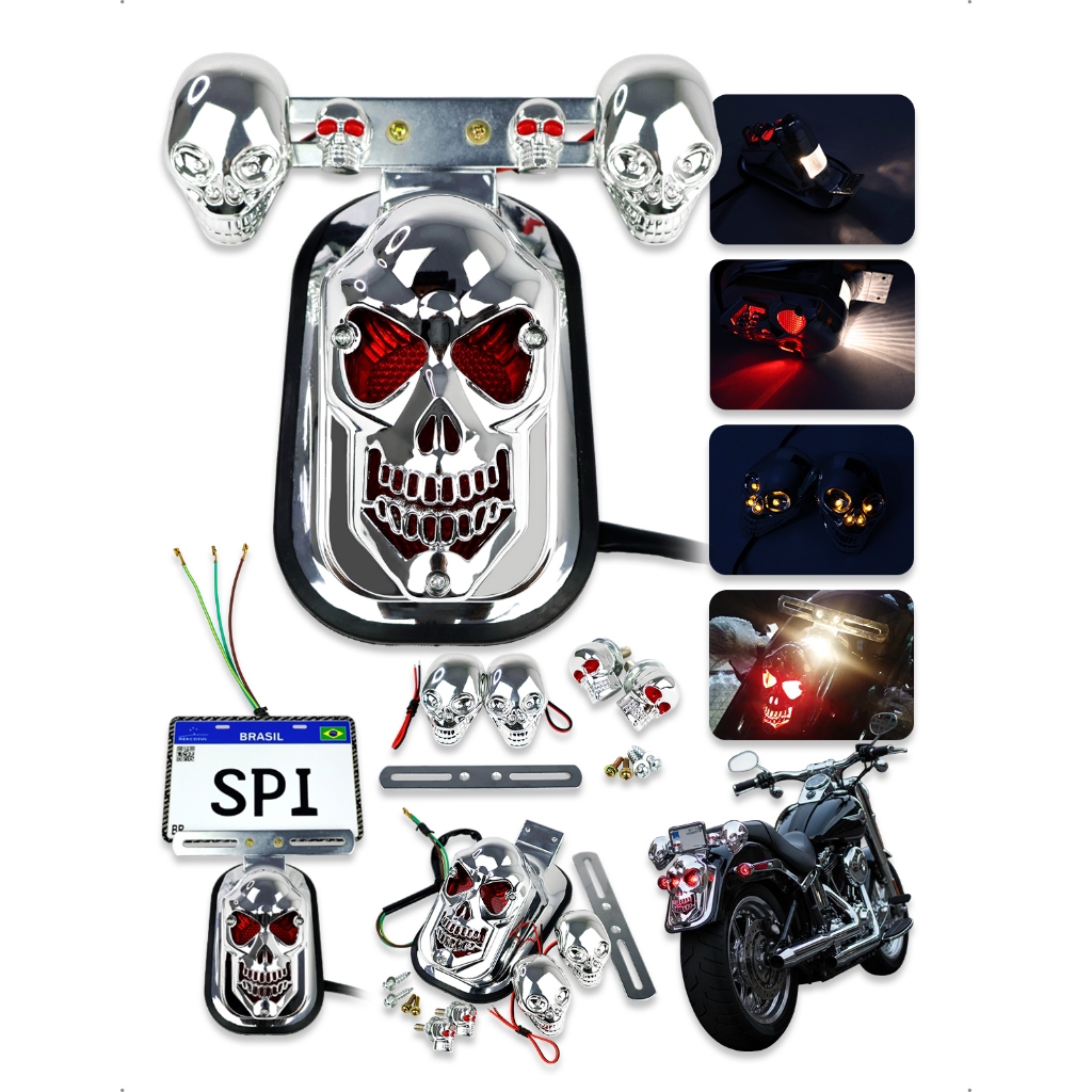 Lanterna Traseira Moto Caveira Cromada Com Luz De Freio Iluminação Placa 12V
