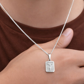 Correntinha Prata 925 Masculina Curta + Pingente Cristo Retangular  Banhado A Prata 925 Ouro 18k