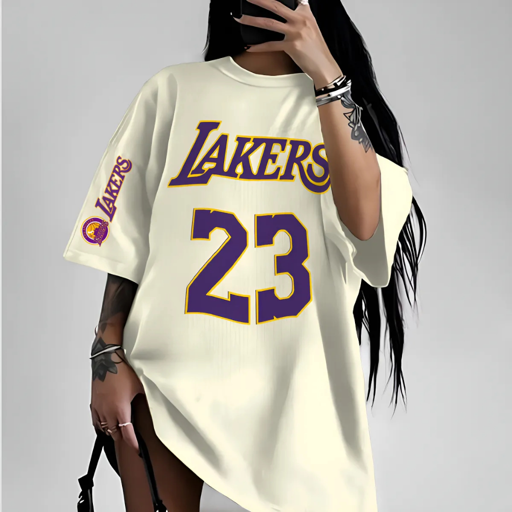 Camiseta Oversized ou Básica Los Angeles LK 23 Com Detalhe na Manga StreetWear NBA Time de Basquete Unissex
