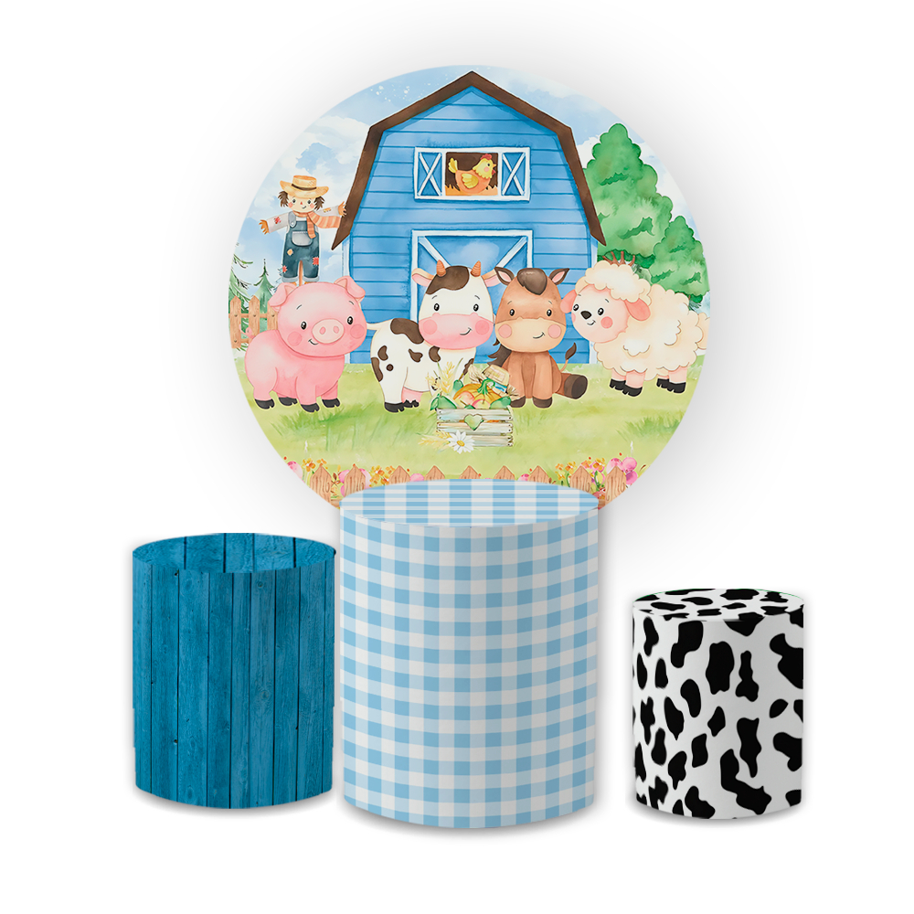 Kit Festa Infantil Tema Fazendinha Capa para Painel + Trio Cilindros Decoração Completa Aniversário