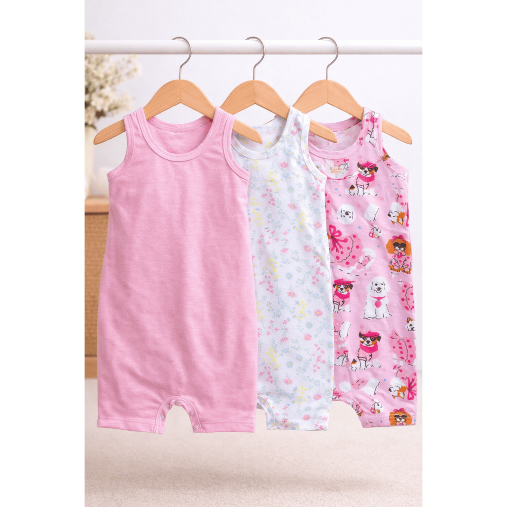Kit 3 Macacões Bebê Regatas Verão Infantil Fresquinhos Menina com Estampas Variadas