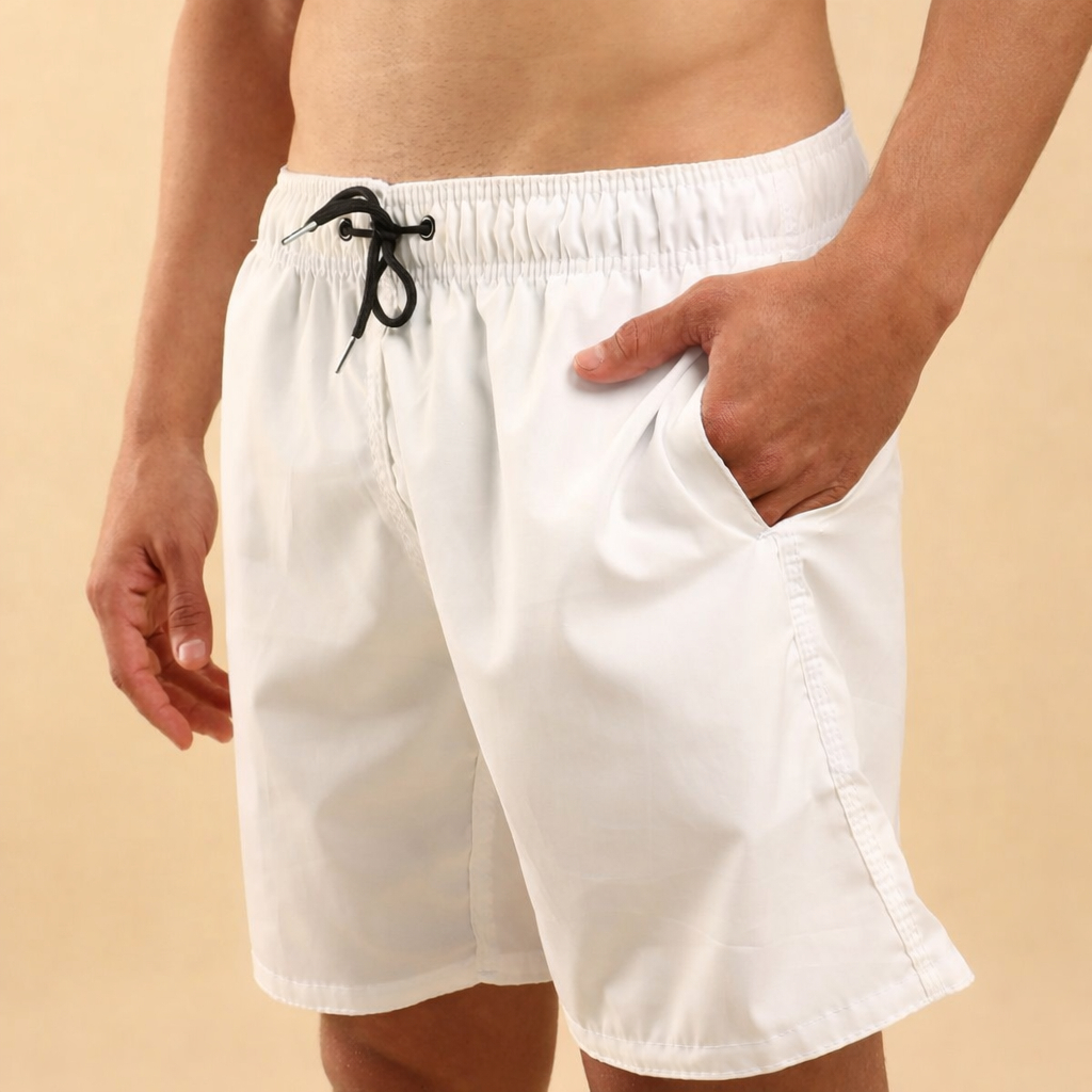 Bermuda Short Tactel com Elastano com ponteira de metal Masculino Verão Qualidade Confortável Branco Praia Esporte leve