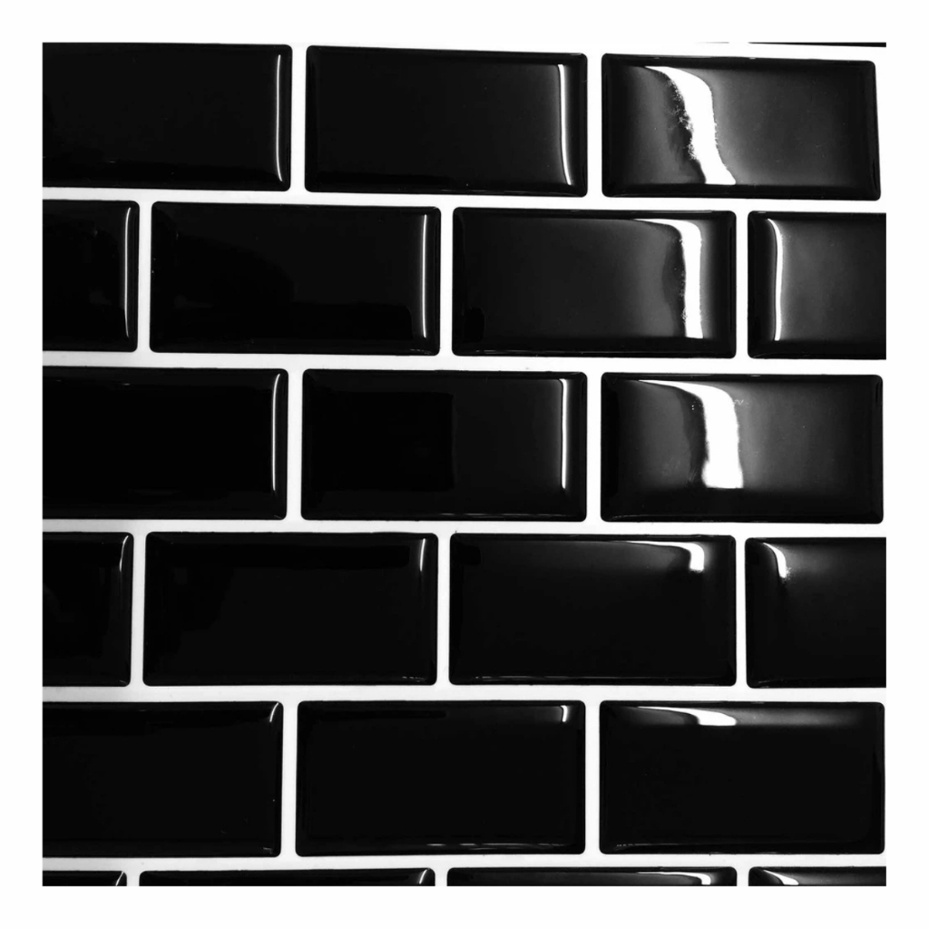 Pastilha Adesiva Resinada Para Cozinha Tijolinho Preto Kit 12 Placas 3D Com Resjunte Branco