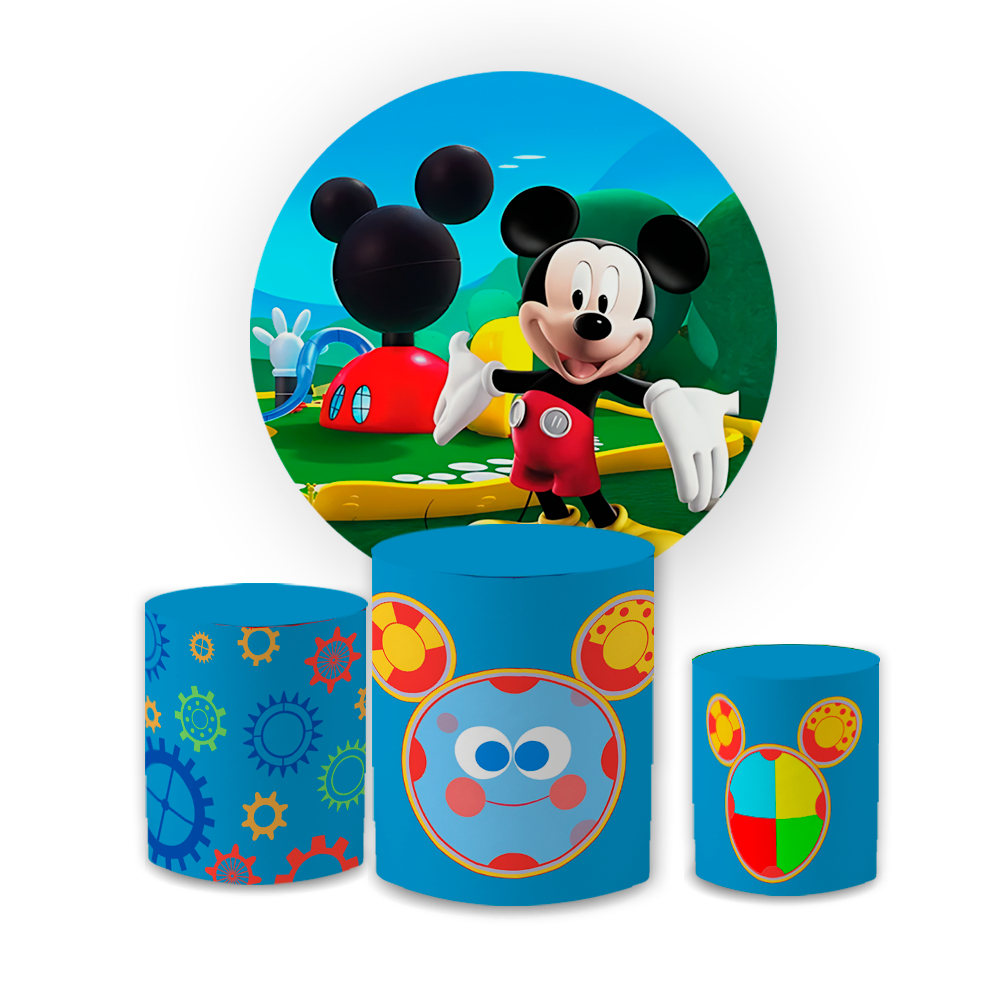 Kit Capa Painel + Trio Cilindros Tema M*ckey Cute Infantil Decoração Festa Aniversário Menino Menina