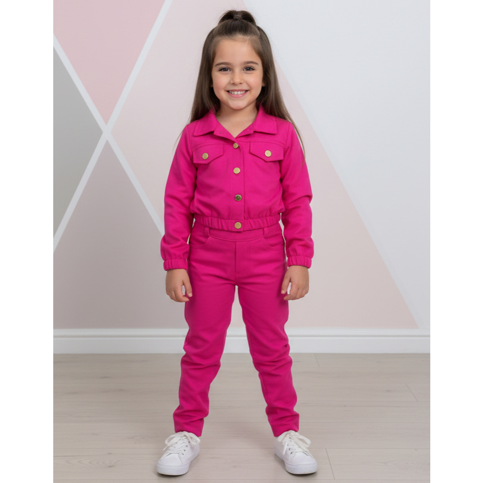 Conjunto Infantil Manga Longa Cropped Calça Rosa Luxo Moda Menina Diva Blogueirinha Cropped Festa