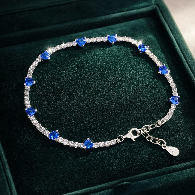 Pulseira de Prata 925 com Corações Azul e Zircônias