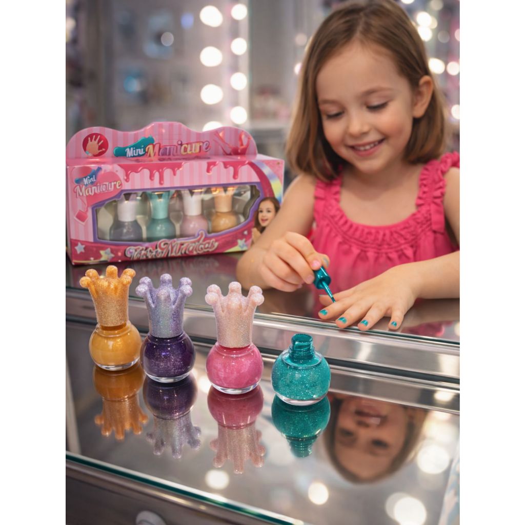 Kit 4 Esmaltes Infantil Unhas Mágicas à Base de Água com Glitter Tampa Coroa Seguro e Lavável Presente Criativo
