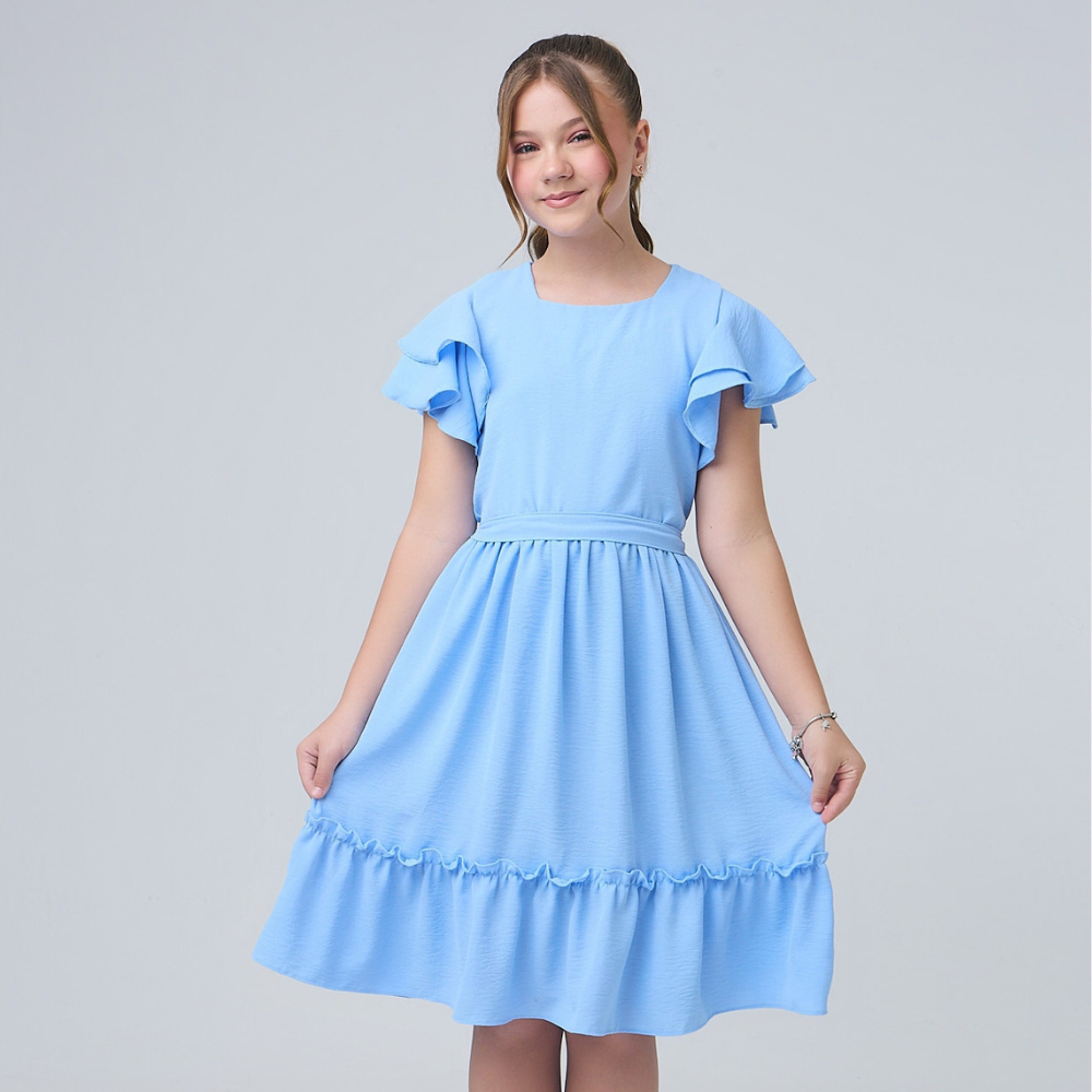 Vestido Infantil Juvenil de Menina Delicado Midi Liso Passeio Blogueirinha