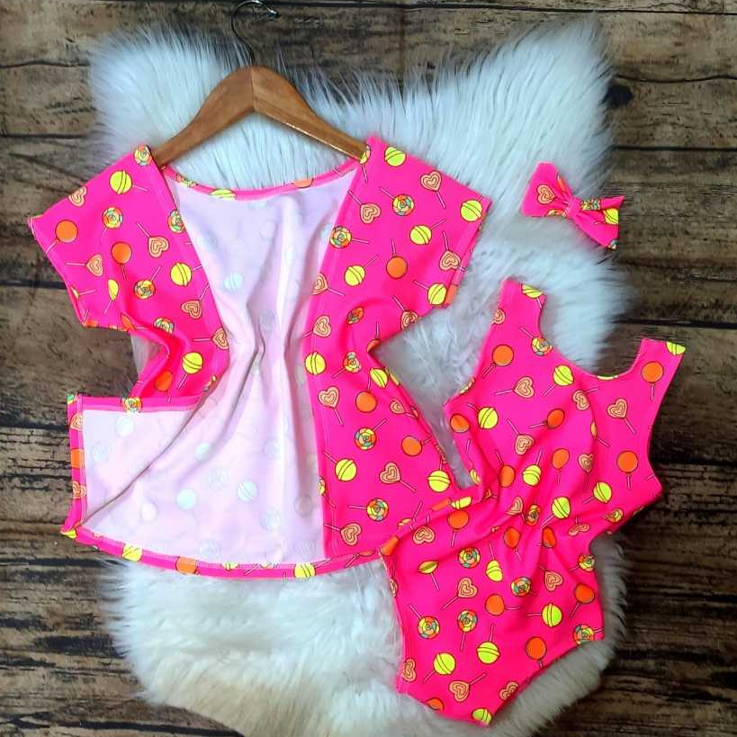 3 a 5 anos - Conjunto Body Maiô + Kimono + Laço Infantil para Menina