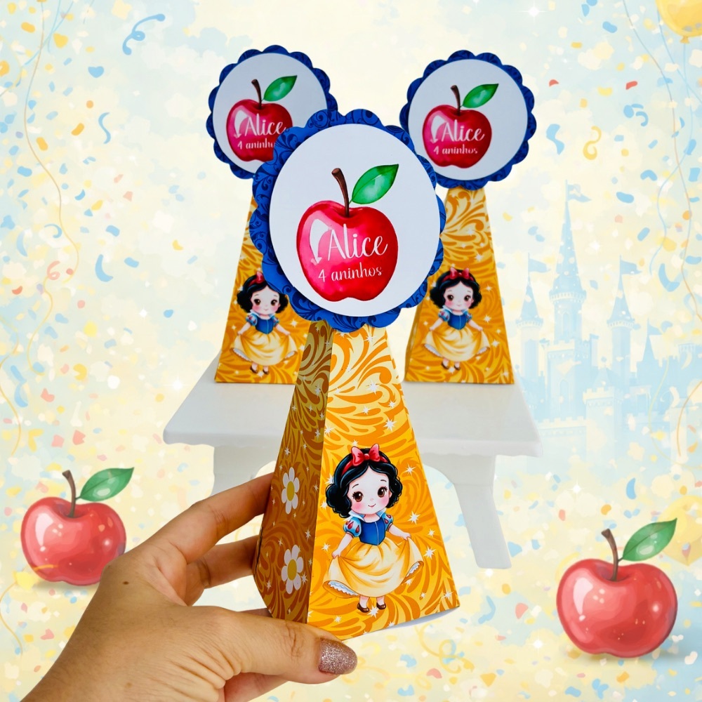 Lembrancinha Personalizada A Branca de Neve - Kit Festa - Aniversário - Caixa Pirâmide - Caixa Cone - Pegue e Monte