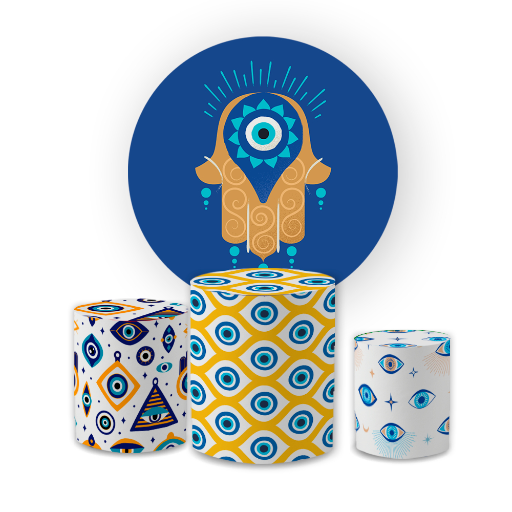 Kit Capa Painel + Trio Cilindros Olho Grego Decoração Festa Aniversário Proteção Energia Positiva