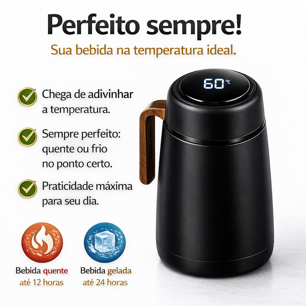 Garrafa Jarra Térmica Preta Termômetro Digital embutido Tampa