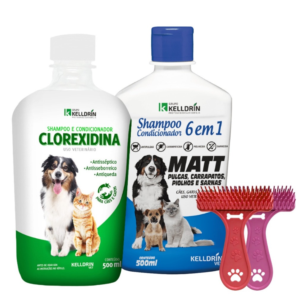 Kit Shampoo Antipulgas Matt 6 em 1 + Shampoo Clorexidina 5 em 1 + Escova Rastelo Brinde