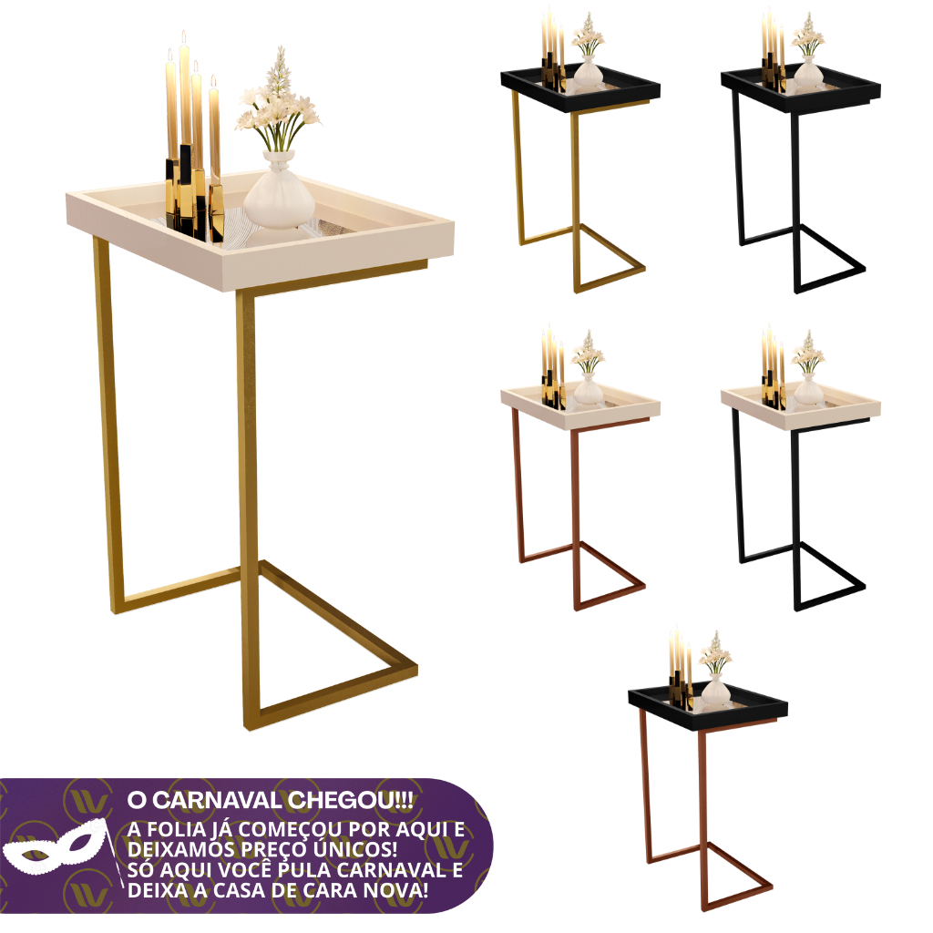 Mesa Lateral Espelhada Apoio Sala Sofá com Pés de Ferro Decoração Resistente Elegante e Moderna