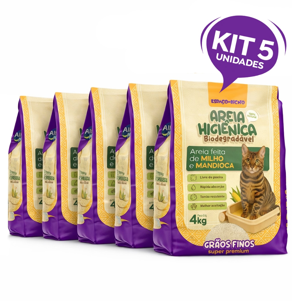 Kit 5 Areia Higiênica Biodegradável Grãos Finos Milho e Mandioca (100% Natural) - Espaço De Bicho em Oferta na Shopee