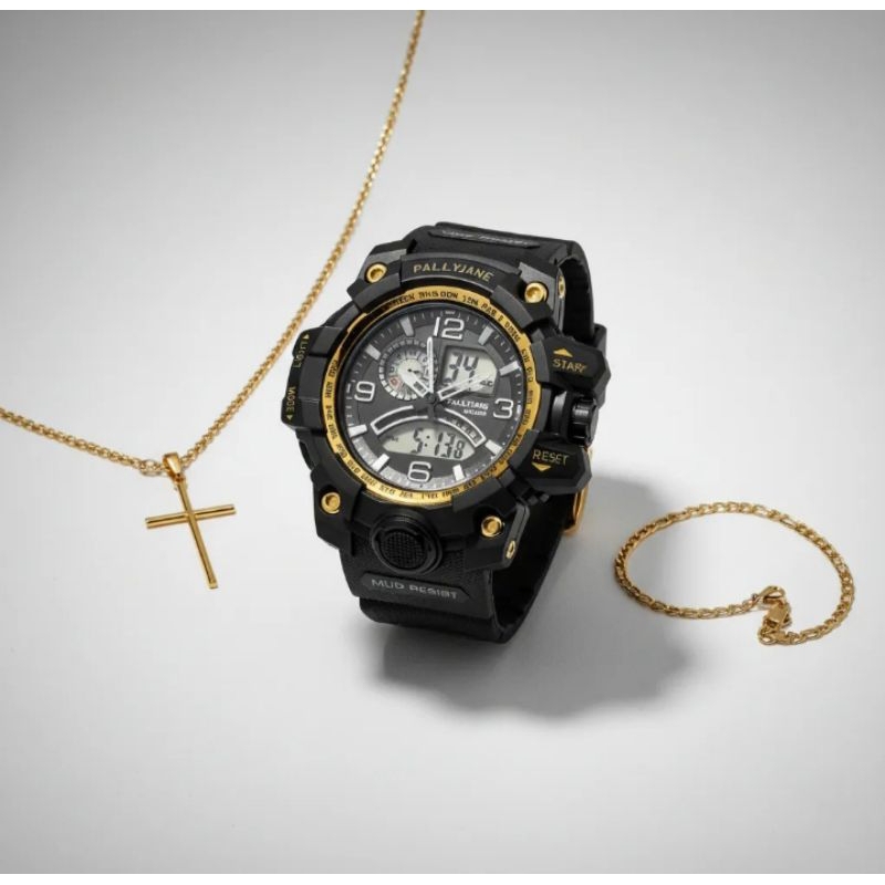 Relógio Masculino Digital Esportivo Militar Preto + Corrente Cruz e Pulseira Kit Presente Masculino Luxo