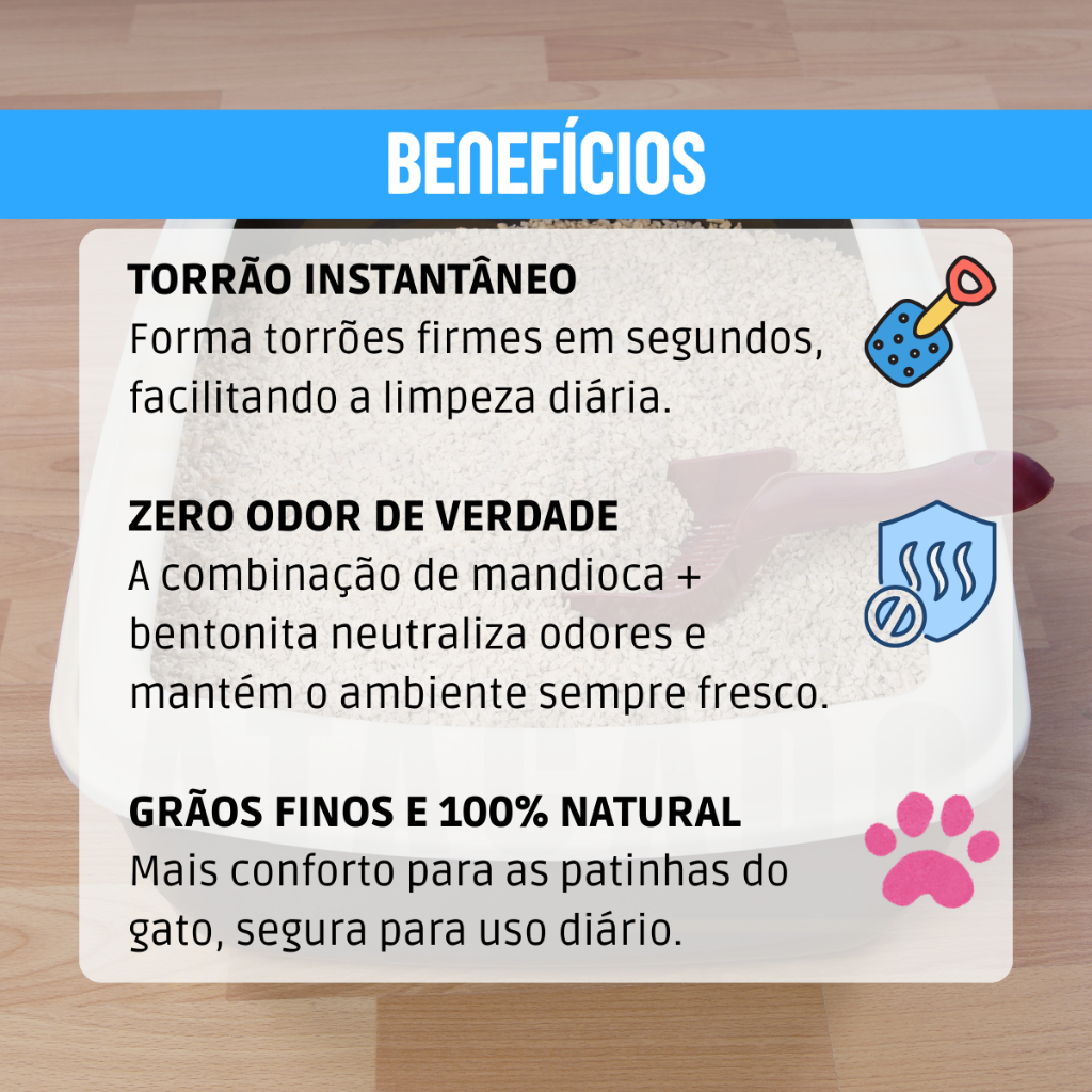 Areia Higiênica Biodegradável Mandioca + Bentonita Gato | Kits 4kg a 20kg | Ultra Fino Anti-Odor