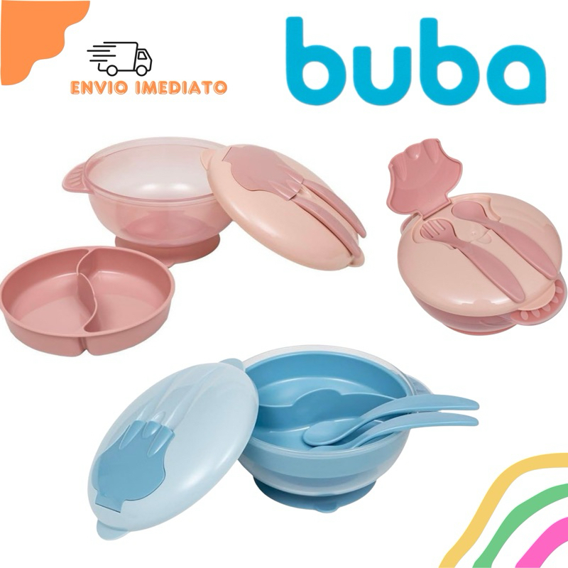 Kit Refeição Pratinho Infantil Com Ventosa Bowl com Divisória Removível Tampa Colher Garfo Buba em Oferta na Shopee