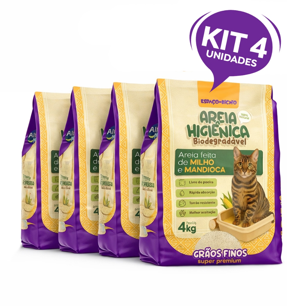 Kit 4 Areia Higiênica Biodegradável Grãos Finos Milho e Mandioca (100% Natural) - Espaço De Bicho em Oferta na Shopee