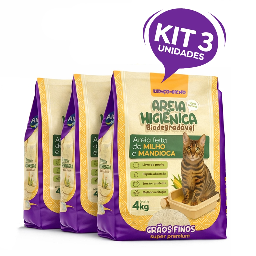 Kit 3 Areia Sanitária Higiênica Biodegradável Grãos Finos Milho e Mandioca (100% Natural) em Oferta na Shopee