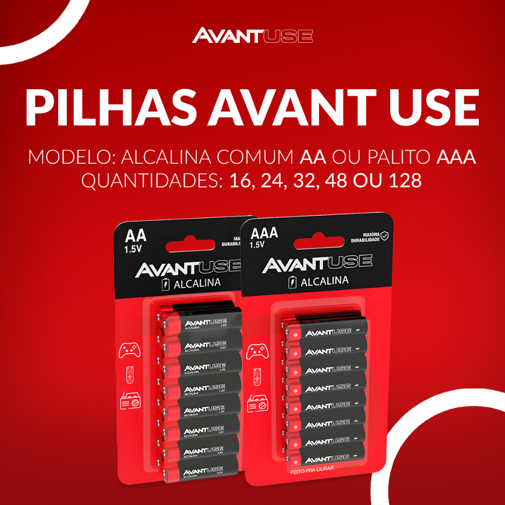 Kit 16, 24, 32, 48 ou 128 Pilhas Alcalina Palito AAA ou Comum AA 1.5v Avant Use em Oferta na Shopee