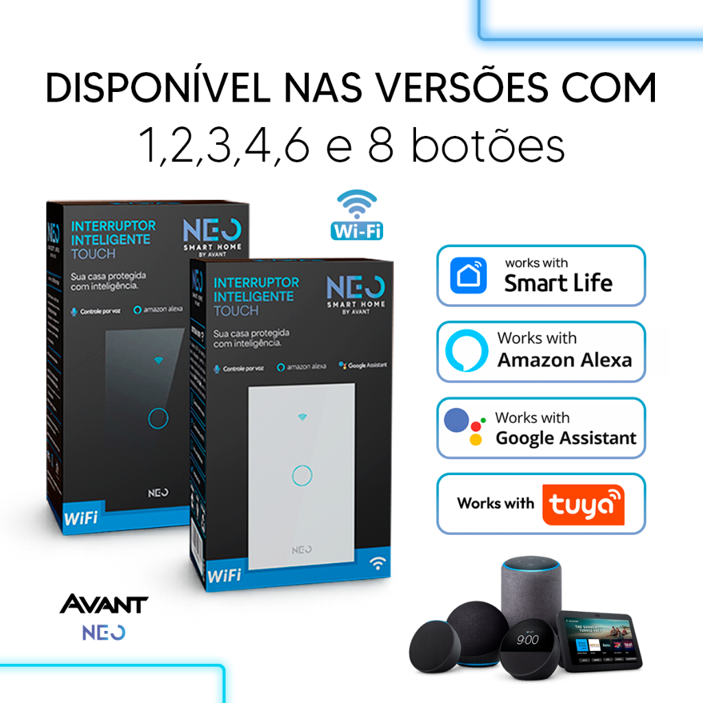 Interruptor Inteligente Touch WiFi 2.4GHz Alexa 1 a 8 Botões Digital Touch Bivolt Neutro Paralelo Neo