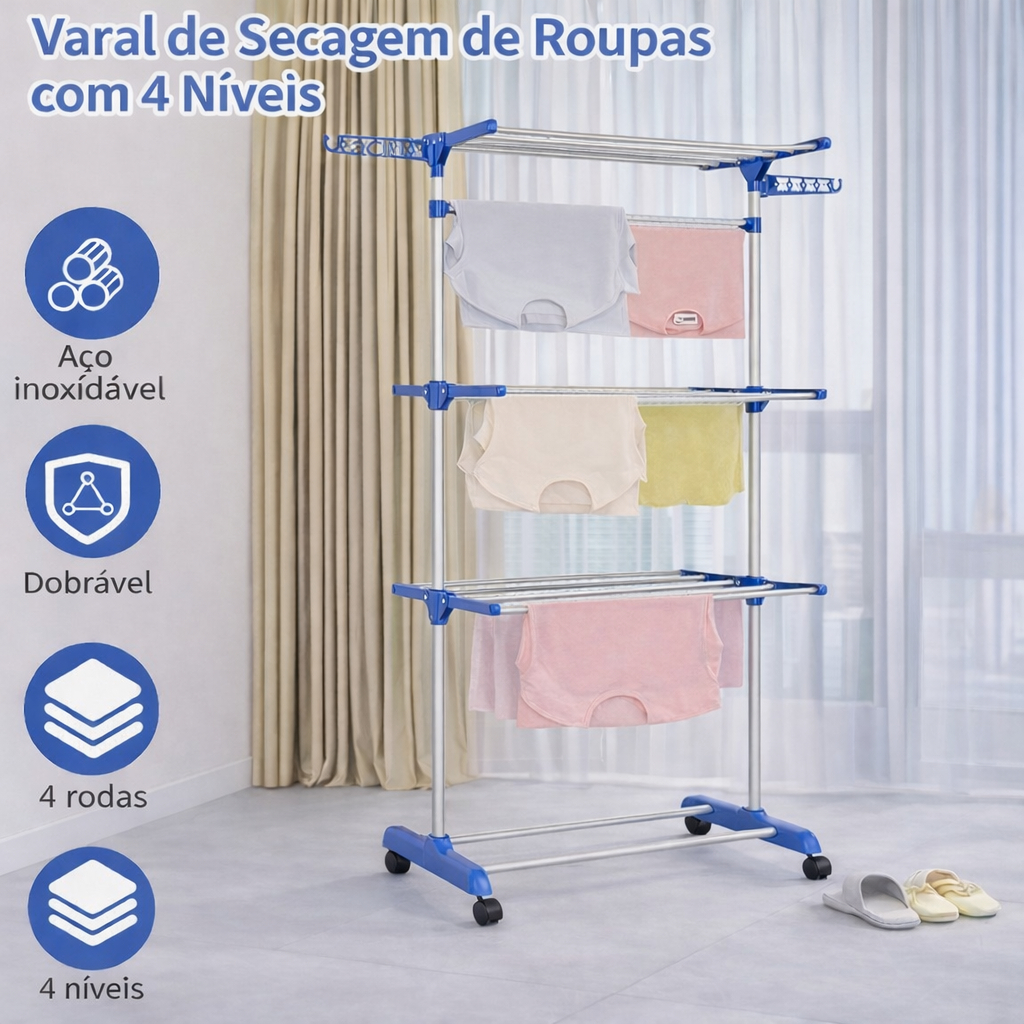 Varal de Chão de Roupa Dobrável 3 andares com rodinhas em Oferta na Shopee