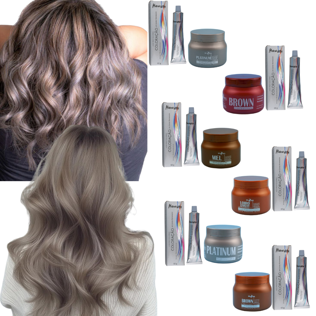 Kit Tinta de Cabelo Mairibel 6.1 Loiro Escuro Cinza + Matizador Platinum/Mel/Brown/Loiro Cobre