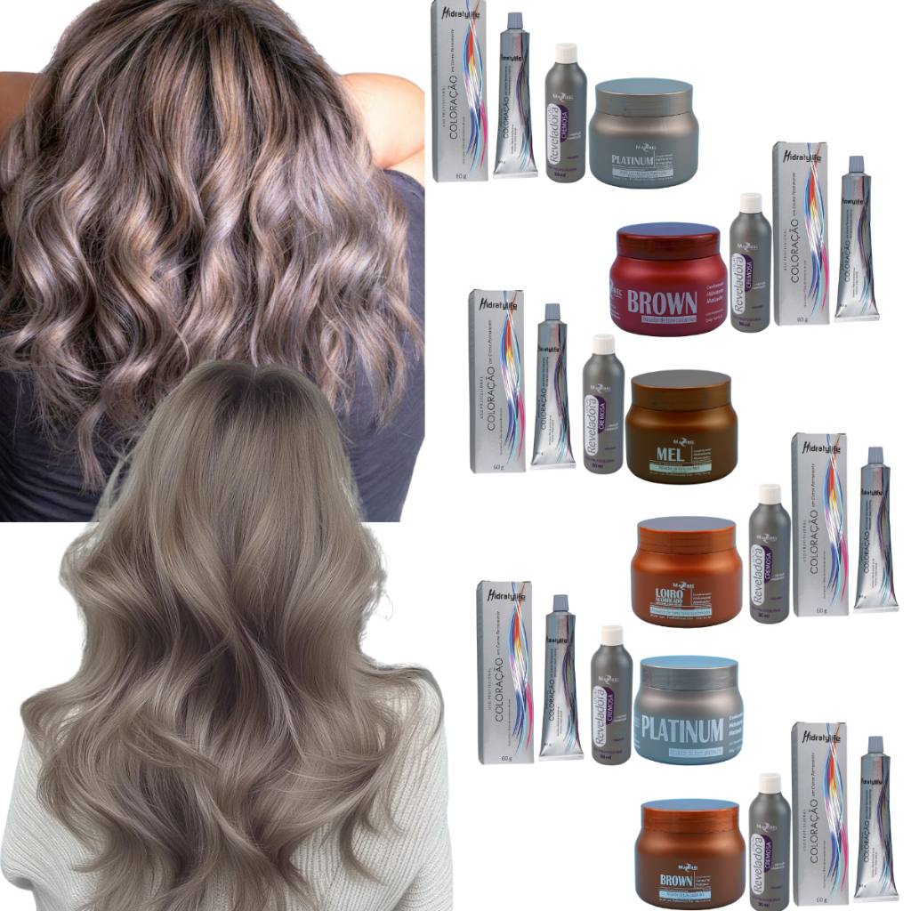Kit Completo Tinta Mairibel 6.1 Loiro Escuro Cinza + Ox + Matizador Platinum/Mel/Brown/Loiro Cobre