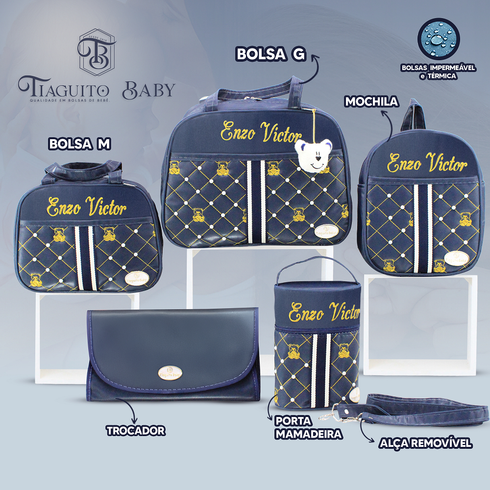 Kit Bolsa Maternidade Urso com Perola 5 Peças Personalizada