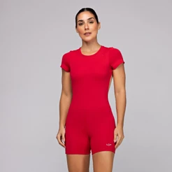 Macaquinho Vermelho Poliamida Fitness Feminino com Manga Curta Academia Musculação Corrida