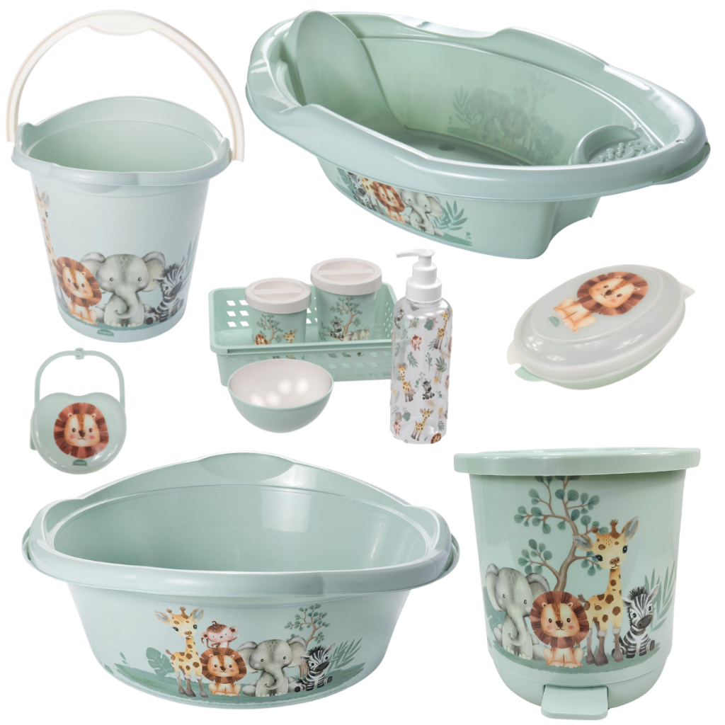 KIT BANHEIRA OU BACIA BEBÊ PLASUTIL + KIT HIGIENE 5 PEÇAS LIXEIRA BALDE SABONETEIRA E PORTA CHUPETA
