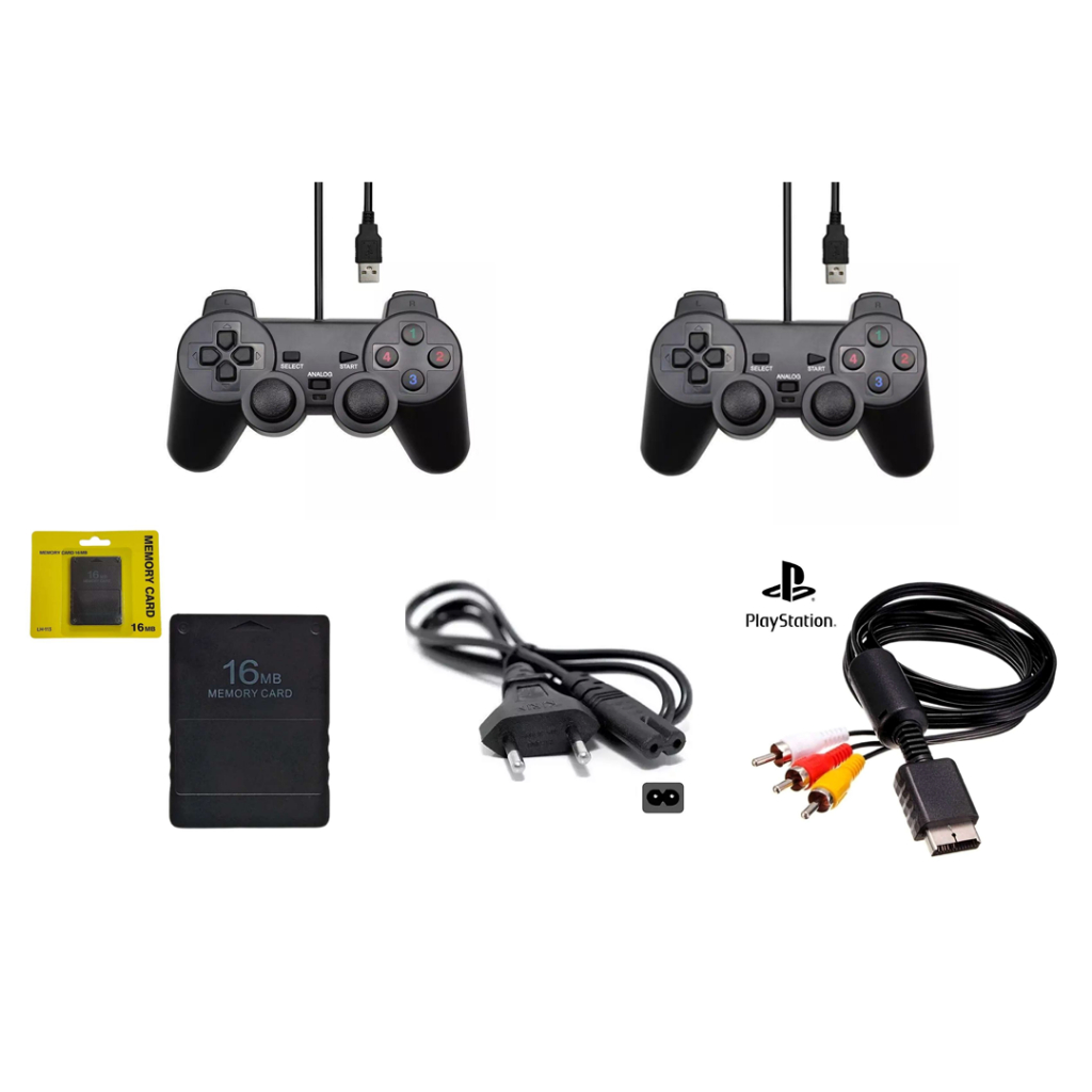 KIT COMPLETO PS2 - 2 CONTROLES / 1 MEMORY CARD 16 MB / 1 CABO AV / 1 CABO DE FORÇA