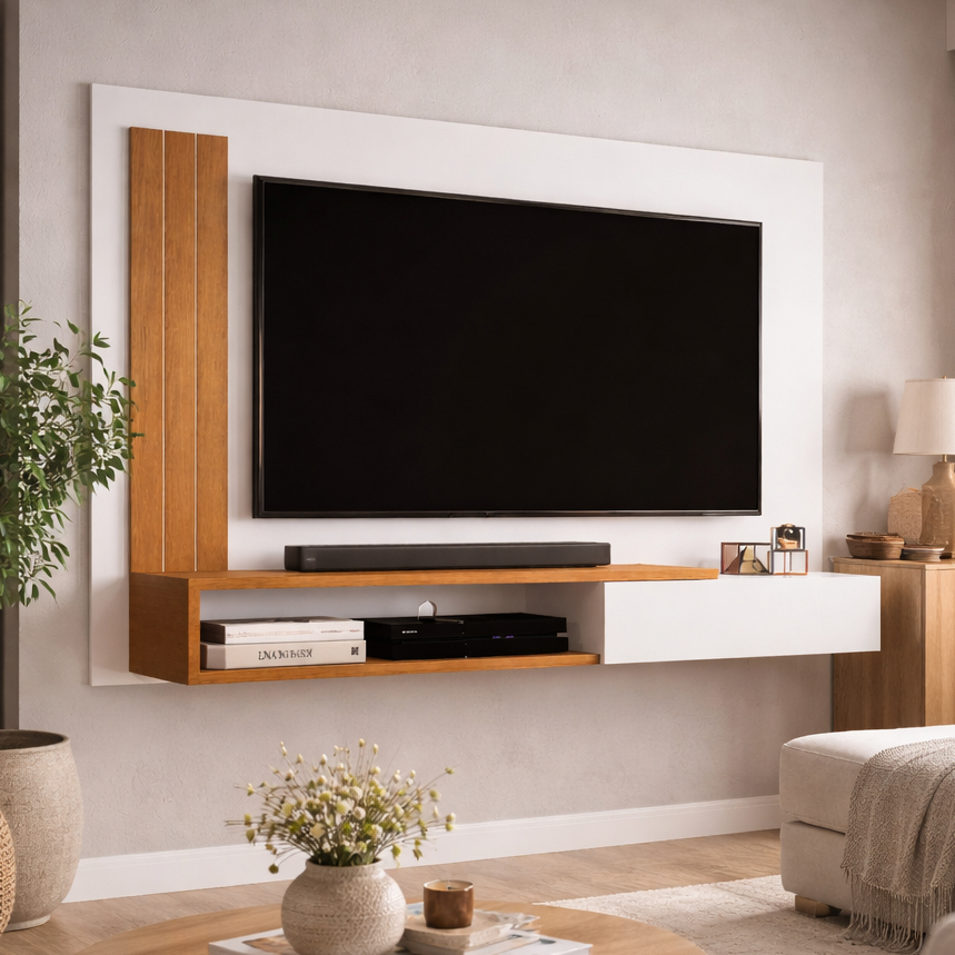 +Painel Sala De Estar Para TV Até 50 Polegadas Com Porta Math Decoração Sala  Cor Branco Com Nature