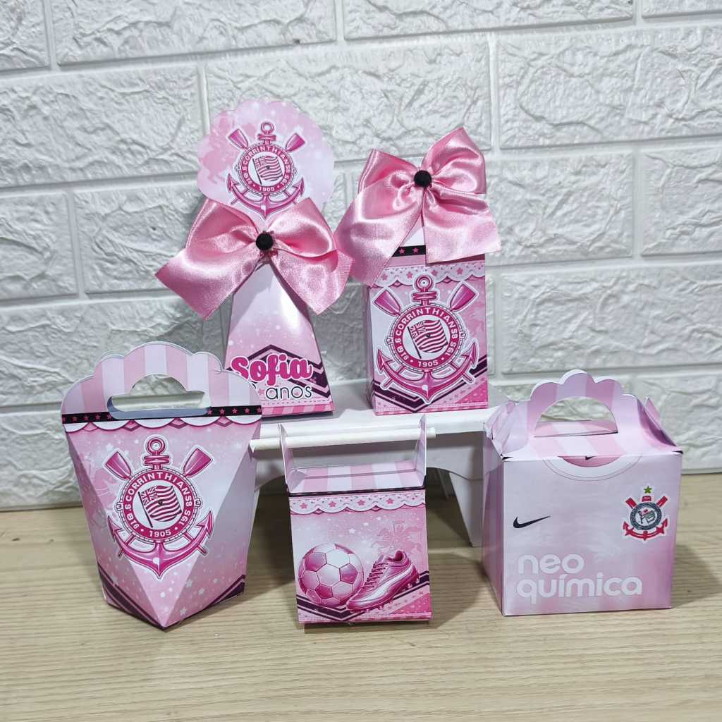 Kit Personalizados caixinhas FUTEBOL CORINTHIANS ROSA Lembrancinha aniversário-Festa PEGUE E MONTE