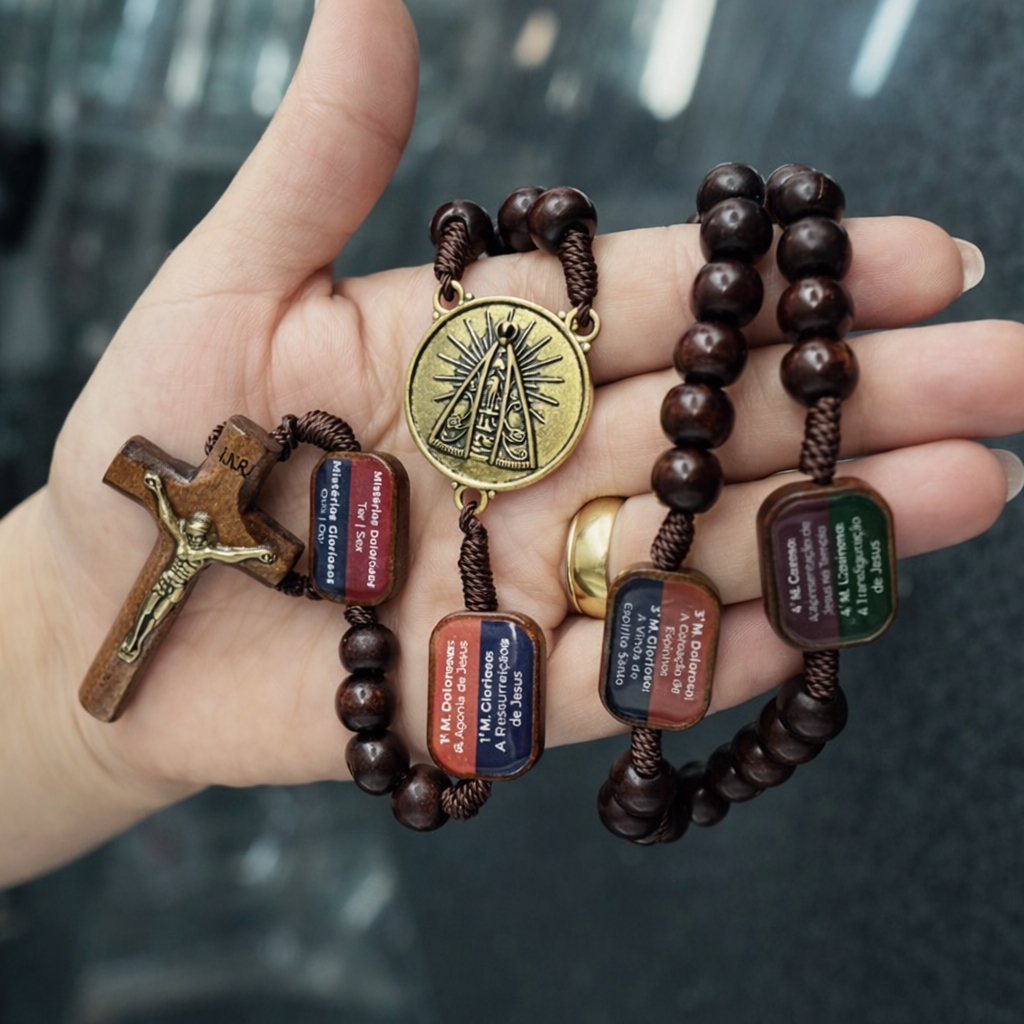Kit Terço da Contemplação Nossa Senhora Aparecida de Madeira com os Misterios em Oferta na Shopee