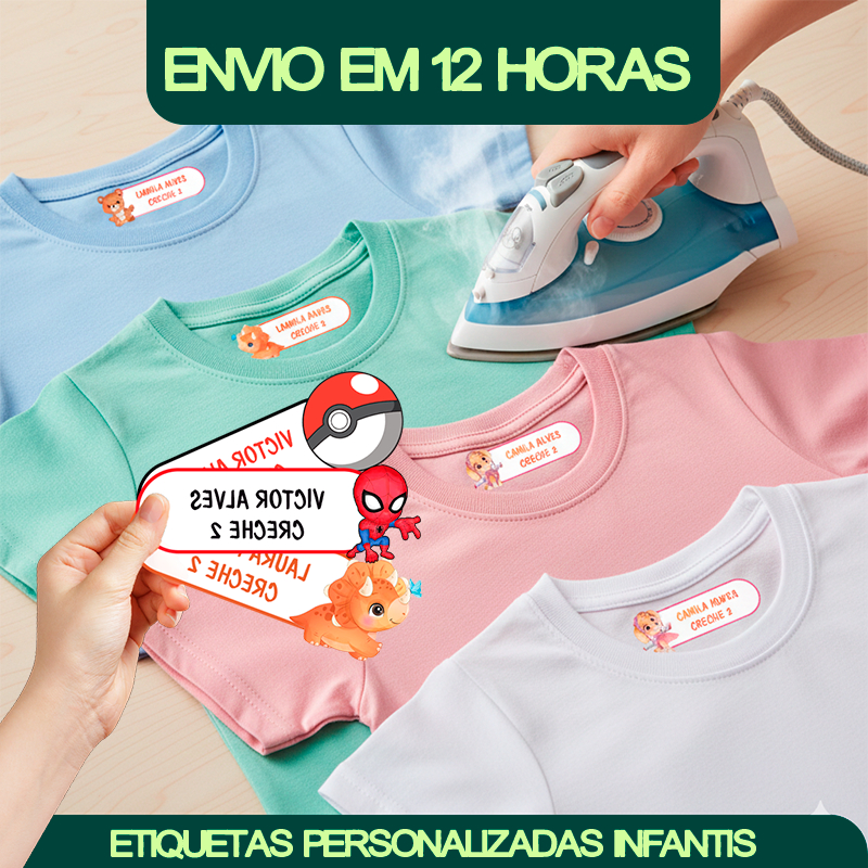 Imagem Etiqueta Termocolante Personalizada 6x2cm Uniformes Escolares, Roupas de Creche e Viagens Ferro de passar