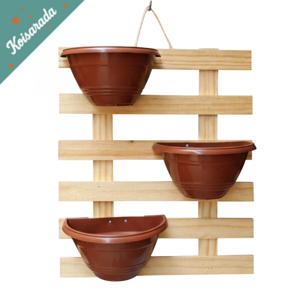 Painel de Madeira Floreira Modular Suporte Parede Suspenso Jardim Vertical Horta Com 3 Vasos