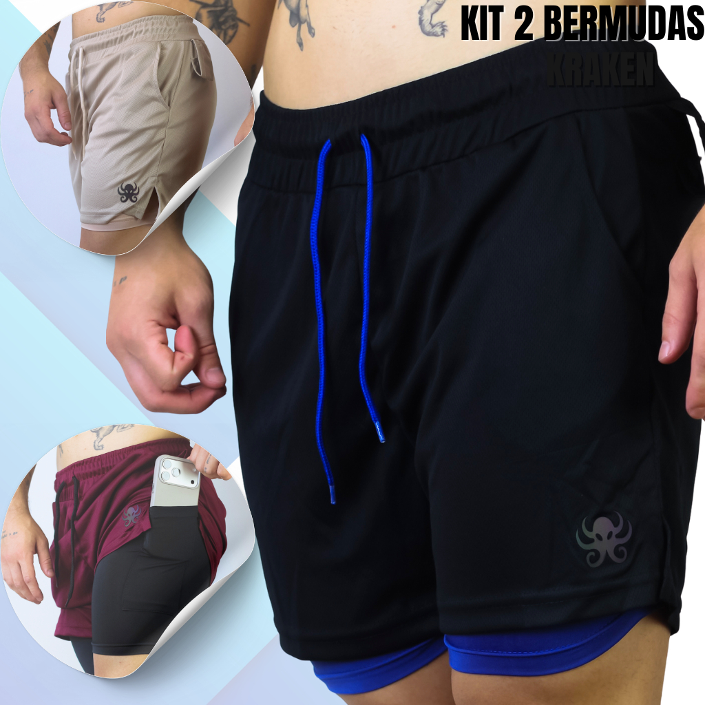 Kit 2 Bermudas Masculina 2 em 1 Academia KRAKEN Premium para Atividades Físicas. em Oferta na Shopee