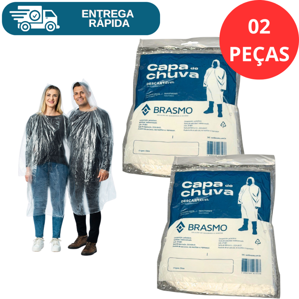 Kit 2 Capa De Chuva Descartável Transparente Incolor Unisex Proteção Eventos Pesca Camping Caminhada