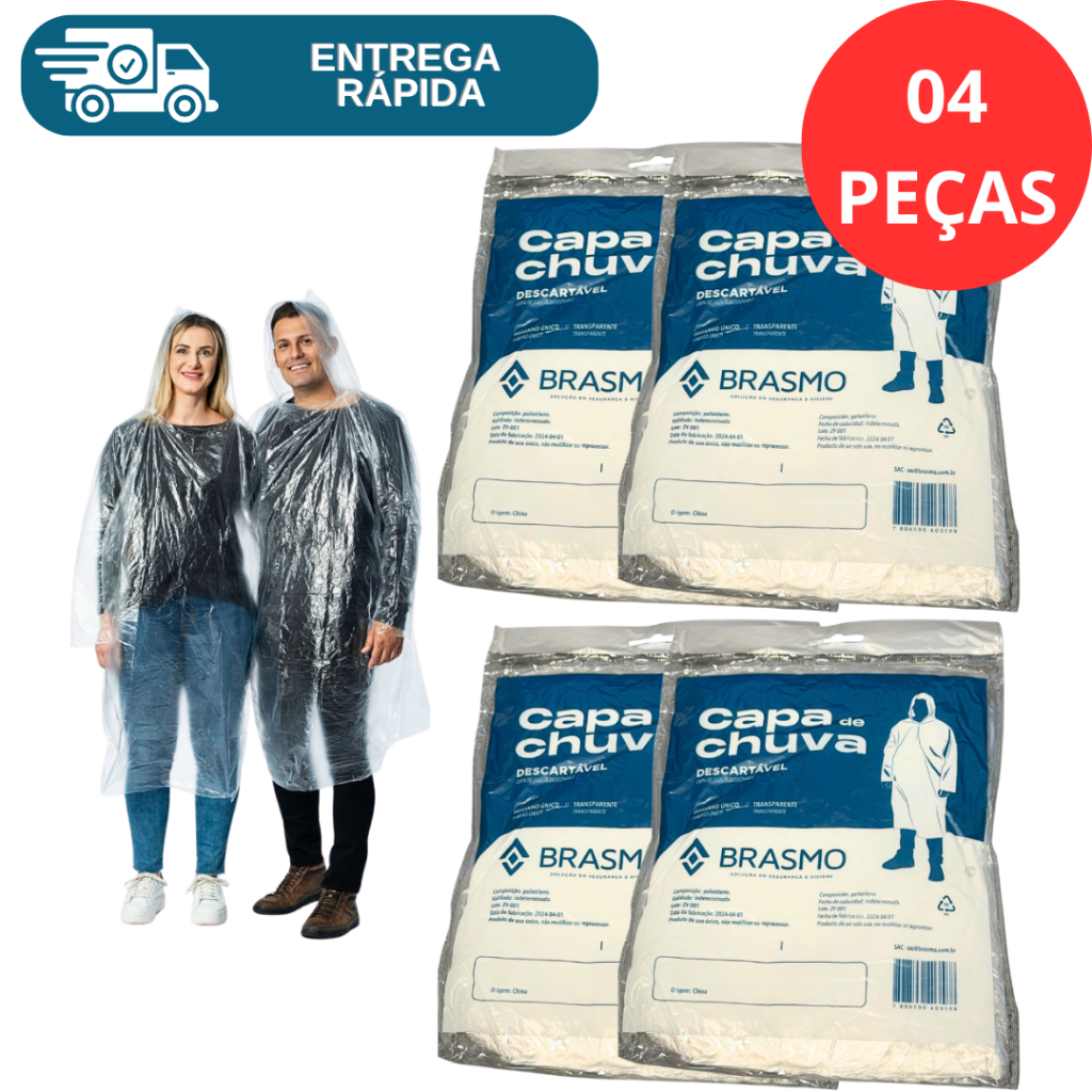 Kit 4 Capa De Chuva Descartável Transparente Incolor Unisex Proteção Eventos Pesca Camping Caminhada