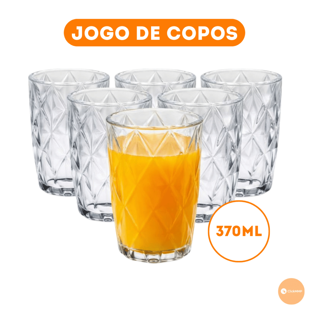 Jogo 6/12 Copos De Vidro Diamante Versátil Transparente 370ml em Oferta na Shopee