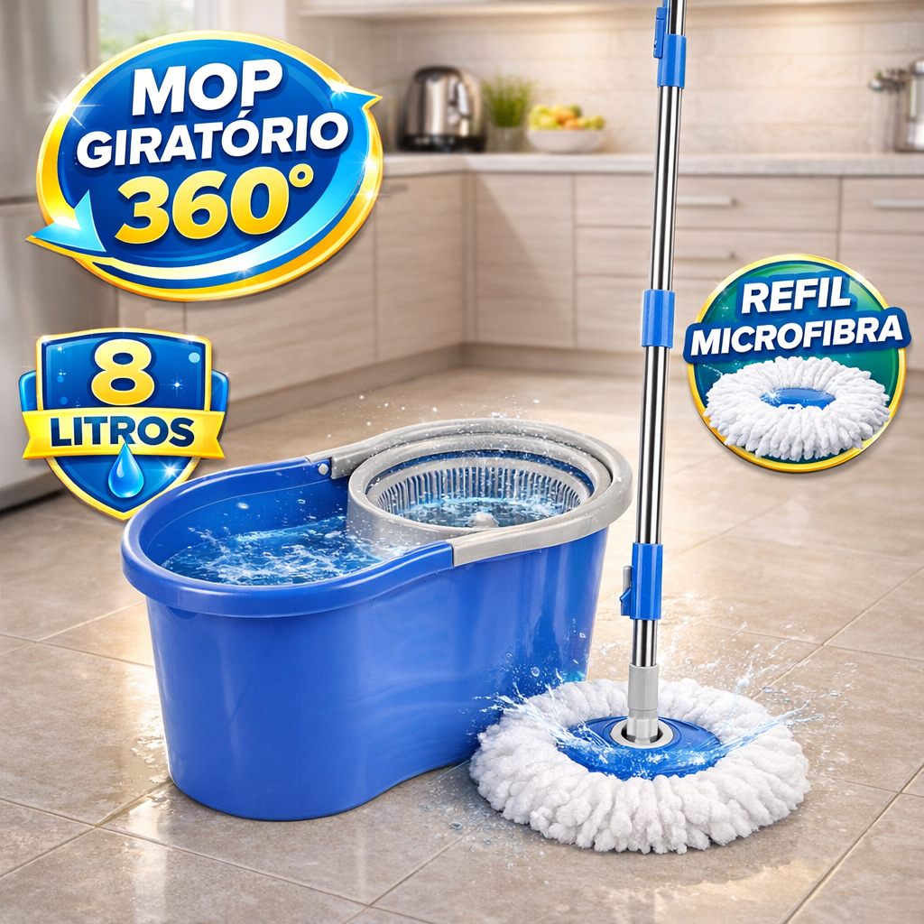 Mop Esfregão Giratório 360º 8 Litros Cesto de Plástico ou Inox Cabo Regulável