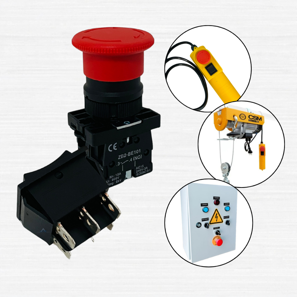 Kit Botão de Emergência tipo Cogumelo + Botão Sobe / Desce Para Botoeiras Paineis ElétricosTalhas