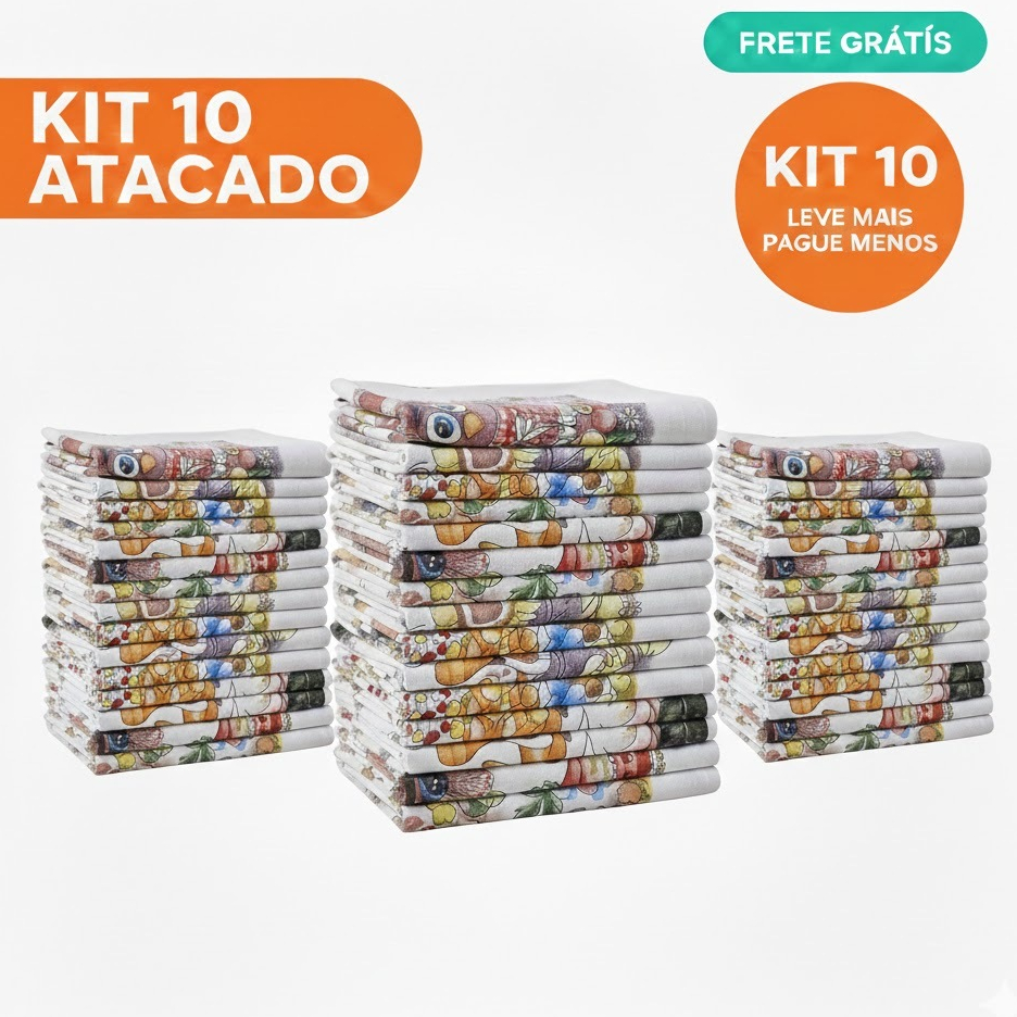 Pano De Prato Estampado Bainha Kit Com 10 Peças Estampas Vivas